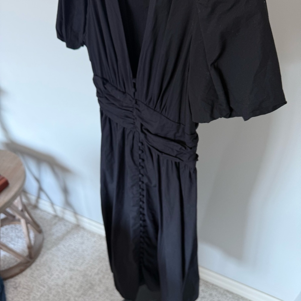 Anthro Somerset Black Midi Dress M Puff Sleeve Ruched Waist - Picture 4 of 7
